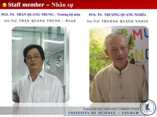 Truong DAI HOC KHOA HOC TU NHIEN TPHCM
U N I V E S I T Y O F S C I E N C E – V N U H C M
Staff member – Nhân sự
PGS. TS. TRẦN QUANG TRUNG – Trưởng bộ môn
Ass. Prof. T R A N Q U A N G T R U N G -
H e a d
Ass. Prof. T R U O N G Q U A N G
N G H I A
PGS. TS. TRƯƠNG QUANG NGHĨA
 