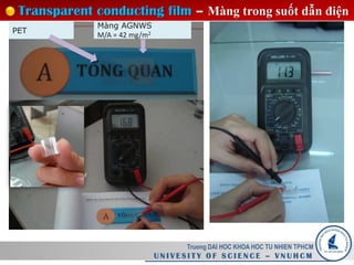 Transparent conducting film – Màng trong suốt dẫn điện
Truong DAI HOC KHOA HOC TU NHIEN TPHCM
U N I V E S I T Y O F S C I E N C E – V N U H C M
PET
Màng AGNWS
M/A = 42 mg/m2
 