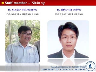 Truong DAI HOC KHOA HOC TU NHIEN TPHCM
U N I V E S I T Y O F S C I E N C E – V N U H C M
Staff member – Nhân sự
TS. TRẦN ViỆT CƯỜNG
PhD. T R A N V I E T C U O N G
TS. NGUYỄN HOÀNG HƯNG
PhD. N G U Y E N H O A N G
H U N G
 