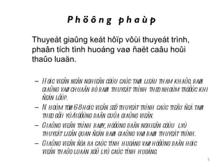 Phöông phaùp
Thuyeát giaûng keát hôïp vôùi thuyeát trình,
phaân tích tình huoáng vaø ñaët caâu hoûi
thaûo luaän.

– H oïc vieân neân nghieân cöùu caùc taøi lieäu tham khaûo, baøi
  giaûng vaø chuaån bò baøi thuyeát trình theo nhoùm tröôùc khi
  ñeán lôùp.
– N hoùm töø 6-8 hoïc vieân seõ thuyeát trình caùc tieåu ñeà taøi
  theo gôïi yù/höôùng daãn cuûa giaûng vieân.
– Giaûng vieân trình baøy, höôùng daãn nghieân cöùu lyù
  thuyeát lieân quan ñeán baøi giaûng vaø baøi thuyeát trình.
– Giaûng vieân ñöa ra caùc tình huoáng vaø höôùng daãn hoïc
  vieân thaûo luaän xöû lyù caùc tình huoáng.
                                                                    5
 