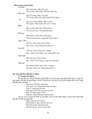 - HiÖn t­îng vµ ngò hµnh:
      VËt chÊt:
                 Kim (kim lo¹i), Méc (gç, c©y),
                 Thuû (n­íc), Ho¶ (löa), Thæ ®©y (®Êt nµy).
      Mµu s¾c:
                 Kim (lµ tr¾ng), Méc (lµ xanh),
                 Thæ (vµng), Ho¶ (®á), thªm nhµnh Thuû (®en).
       VÞ:
                 Kim (cay), Ho¶ (®¾ng), Méc (chua),
                 Thæ (ngät), Thuû (mÆn) h·y mua vÒ dïng.
      Mïa:
                 Méc (xu©n), Ho¶ (h¹), Thuû (®«ng),
                 Thæ (lµ cuèi h¹), võa lßng Kim (thu).
      Ph­¬ng:
                 Méc (®«ng), Thuû (b¾c), Kim (t©y),
                 Thæ (trung ­¬ng ®ã), nhËn thÇy Ho¶ (nam).
      T¹ng - Phñ:
                 Thæ (Tú), Kim (PhÕ), Ho¶ (T©m),
                 Méc (Can), Thuû (ThËn) nÕu lÇn sÏ ra.
      Ngò thÓ:
                  Kim (da, l«ng), Thuû (tuû, x­¬ng),
                 Ho¶ (m¹ch), Thæ (thÞt), (søc c­êng) Méc ®©y.
      Ngò quan:
                 Méc (lµ m¾t), Thuû (lµ tai),
                 Ho¶ (l­ìi), Thæ (miÖng), cïng vµi (mòi) Kim.
      T×nh chÝ:
                 Kim (buån), Méc (giËn), Ho¶ (mõng),
                 Thæ (lo), Thuû (sî) th­êng tõng xÈy ra…

                             * * *
III- øng dông trong y häc.
        1-VÒ quan hÖ sinh lý.
        Sù s¾p xÕp c¸c T¹ng, Phñ theo ngò hµnh vµ sù liªn quan cña chóng ®Õn ngò vÞ, ngò s¾c,
ngò quan, thÓ chÊt vµ ho¹t ®éng vÒ t×nh chÝ gióp cho viÖc häc vÒ c¸c hiÖn t­îng sinh lý c¸c T¹ng,
Phñ dÔ dµng, dÔ nhí:
                    XÕp T¹ng, Phñ theo ngò hµnh,
                    Liªn quan cña chóng ®ång hµnh víi nhau.
                    Ngò vÞ, cïng ngò s¾c mµu,
                    Ngò quan, thÓ chÊt n«ng s©u chÝ t×nh.
                    BiÕt c¸c hiÖn t­îng lý sinh,
                    Gióp häc T¹ng, Phñ qu¸ tr×nh tèt h¬n.
        ThÝ dô: Can cã quan hÖ biÓu lý víi §ëm, chñ vÒ C©n, khai khiÕu ra m¾t, kÝch thÝch ®iÒu
®¹t, khi uÊt kÕt g©y giËn d÷:
                    §ëm cã quan hÖ víi Can,
                    Khai khiÕu ra m¾t, chñ C©n biÕt råi.
                    KÝch thÝch ®iÒu ®¹t kh«ng th«i,
                    Khi mµ uÊt kÕt, sinh s«i giËn hên…
                              * * *
                                               41
 