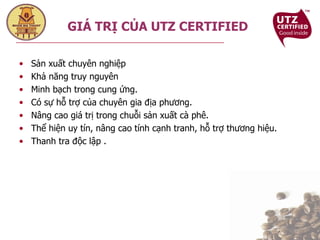Sản xuất chuyên nghiệp Khả năng truy nguyên Minh bạch trong cung ứng. Có sự hỗ trợ của chuyên gia địa phương. Nâng cao giá trị trong chuỗi sản xuất cà phê.  Thể hiện uy tín, nâng cao tính cạnh tranh, hỗ trợ thương hiệu. Thanh tra độc lập . GIÁ TRỊ CỦA UTZ CERTIFIED 
