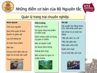 Những điểm cơ bản của Bộ Nguyên tắc Kinh doanh Tính truy nguyên Quy trình quản lý kinh doanh có giám sát  Lưu trữ thông tin An toàn thực phẩm Đào tạo Có quy trình đảm bảo an toàn và vệ sinh sản xuất Thanh tra hàng năm Xã hội Các quyền lao động (theo ILO, luật pháp quốc gia) Sức khoẻ và an toàn lao động Tiếp cận dịch vụ y tế Tiếp cận giáo dục Điều kiện nhà ở tốt  Nước sinh hoạt Tự do thể hiện văn hoá Môi trường Chống xói mòn Sử dụng nông hoá phẩm có kiểm soát Giảm lượng nước sử dụng và giảm ô nhiễm Bảo vệ nguồn nước Sử dụng năng lượng  Không phá rừng Bảo vệ loài có nguy cơ tuyệt chủng Quản lý trang trại chuyên nghiệp 