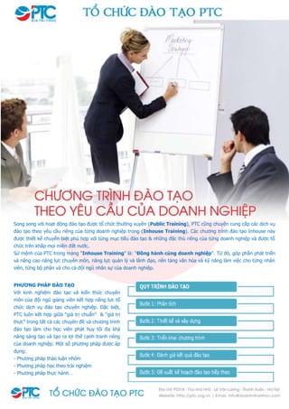 Song song với hoạt động đào tạo được tổ chức thường xuyên (Public Training), PTC cũng chuyên cung cấp các dịch vụ
đào tạo theo yêu cầu riêng của từng doanh nghiệp trong (Inhouse Training). Các chương trình đào tạo Inhouse này
được thiết kế chuyên biệt phù hợp với từng mục tiêu đào tạo & những đặc thù riêng của từng doanh nghiệp và được tổ
chức trên khắp mọi miền đất nước.
Sứ mệnh của PTC trong mảng "Inhouse Training" là: "Đồng hành cùng doanh nghiệp". Từ đó, góp phần phát triển
và nâng cao năng lực chuyên môn, năng lực quản lý và lãnh đạo, nền tảng văn hóa và kỹ năng làm việc cho từng nhân
viên, từng bộ phận và cho cả đội ngũ nhân sự của doanh nghiệp.
PHƢƠNG PHÁP ĐÀO TẠO
Với kinh nghiệm đào tạo và kiến thức chuyên
môn của đội ngũ giảng viên kết hợp năng lực tổ
chức dịch vụ đào tạo chuyên nghiệp. Đặc biệt,
PTC luôn kết hợp giữa “giá trị chuẩn” & “giá trị
thực” trong tất cả các chuyên đề và chương trình
đào tạo làm cho học viên phát huy tối đa khả
năng sáng tạo và tạo ra lợi thế cạnh tranh riêng
của doanh nghiệp. Một số phương pháp được áp
dụng:
- Phương pháp thảo luận nhóm
- Phương pháp học theo trải nghiệm
- Phương pháp thực hành…
 