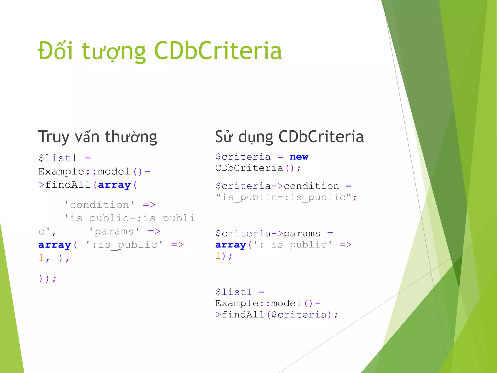 Đối tượng CDbCriteria
Truy vấn thường
$list1 =
Example::model()-
>findAll(array(
'condition' =>
'is_public=:is_publi
c', 'params' =>
array( ':is_public' =>
1, ),
));
Sử dụng CDbCriteria
$criteria = new
CDbCriteria();
$criteria->condition =
"is_public=:is_public";
$criteria->params =
array(': is_public' =>
1);
$list1 =
Example::model()-
>findAll($criteria);
 