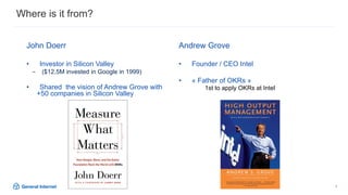 3
Where is it from?
John Doerr
• Investor in Silicon Valley
- ($12,5M invested in Google in 1999)
• Shared the vision of Andrew Grove with
+50 companies in Silicon Valley
Andrew Grove
• Founder / CEO Intel
• « Father of OKRs »
1st to apply OKRs at Intel
 