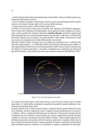 22
- attivit`a elettrica (beta-theta) prevalentemente nell’emisfero destro ed abbassamento ge-
neralizzato dell’attivit`a conscia;
- ricerca etichetta semantica e riattivazione attivit`a conscia prevalentemente dell’emisfero
sinistro, movimento evidente degli occhi a ricerca della memoria;
- termine attivazione, riposo, abbassamento degli occhi.
L’olfatto `e il senso muto, l’unico privo di parole, dice Akerman e De Martino aggiunge:-
Non si tratta solo di questioni terminologiche, ma di qualcosa di pi`u complesso e concet-
tuale, simile a quello che i linguisti chiamano concetto sfuocato, perch´e`e la risposta agli
odori percepiti non solo varia straordinariamente da individuo a individuo e la biochimica
del tessuto olfattivo non `e chiarita, ma anche perch´e`e l’odore tende a strutturarsi in ogni
caso come una conﬁgurazione di tipo relativamente emozionale.
Allorch`e si parla di odori, in genere non se ne parla mai veramente, ma ci si riferisce alle
fonti da cui provengono.... Le difﬁcolt`a relative alla ﬁsiologia della percezione olfattiva e
alla impossibilit`a di descrivere nei termini quantitativi delle scienze esatte la relazione tra
gli stimoli e le risposte percettive e sensoriali, contribuiscono a mantenere gli odori al di
qua dell’astrazione, e gli conferiscono una certa misteriosa mutezza (De Martino, 1997).
cicle.pdf
Digitale Analogico
Parole
Emozioni
Descrizione Simboli
Segni Percezione
Experience
cicle
Figura 12: Il ciclo dell’esperienza percettiva
Un campo di ricerche che ha scopi un p`o diversi, ma di notevole interesse per lo studio
degli odori, `e l’analisi delle componenti aromatiche dei prodotti naturali mediante la mi-
surazione strumentale degli odori.
In questo tipo di studi ci si preoccupa di isolare i composti chimici responsabili dell’aroma
di un alimento, ma poco importa di come le singole sostanze producano poi le sensazio-
ni olfattive. Ma la complessit`a dell’aroma di un alimento `e dovuta alla eterogenicit`a dei
componenti di cui `e costituito, e anche al fatto che ciascun componente possiede un odore
complesso, derivante cio`e da pi`u sensazioni olfattive di base. Tuttavia questo tipo di ricer-
che hanno presentato e presentano notevole interesse applicativo, in quanto chiariscono in
base a quali meccanismi gli aromi vengono prodotti in natura e permettono di prevedere
quali modiﬁche possono veriﬁcarsi in un alimento in seguito a trattamenti di trasforma-
 