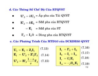 112
d. Caùc Thoâng Soá Cheá Ñoä Cuûa RTQVST
= AÙp pha cuûa Taûi QVST
= Sññ pha cuûa RTQVST
= Sññ pha cuûa ST
= Doøng pha cuûa RTQVST
2 2k=U' U
2 2k=E' E
1= E
/2 2 k=I' I
e. Caùc Phöông Trình Cuûa MTÑ1Þ cuûa ÑCKÑB3Þ QVST
1 1 1 1
1 2 2 2
2 2 2
1 s
s
U E Z I
E U' Z' I'
U' R' I'
= +
= +
-
=
(7.13)
(7.14)
(7.15)
1 2 0
0
1
1
c m
c c
m m
G
jB
I I' I
I I I
I E
I E
= +
= +
=
= -
(7.16)
(7.17)
(7.18)
(7.19)




 