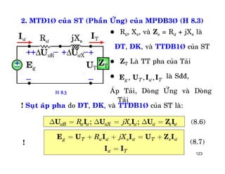 123
2. MTÑ1Þ cuûa ST (Phaàn ÖÙng) cuûa MPÑB3Þ (H 8.3)
 Rö, Xs, vaø Zs = Rö + jXs laø
ÑT, ÑK, vaø TTÑB1Þ cuûa ST
 ZT Laø TT pha cuûa Taûi
 laø Sññ,
AÙp Taûi, Doøng ÖÙng vaø Doøng
Taûi
! Suït aùp pha do ÑT, ÑK, vaø TTÑB1Þ cuûa ST laø:
, , ,g T ö TE U I I
; ;öR ö ö öX s ö ö s öR jXD = D = D =U I U I U Z I (8.6)
g T ö ö s ö T s öR jX= + + = +E U I I U Z I
ö T=I I
(8.7)!
H 8.3
 