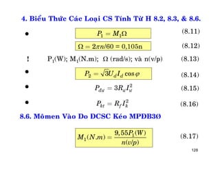 128
4. Bieåu Thöùc Caùc Loaïi CS Tính Töø H 8.2, 8.3, & 8.6.
1 1P M =
2 n = /60 = 0,105n
P1(W); M1(N.m);  (rad/s); vaø n(v/p)
2 3 cosd dP U I =
2
3ñö ö öP R I=
2
kt f kP R I=
8.6. Moâmen Vaøo Do ÑCSC Keùo MPÑB3Þ
(8.11)
(8.12)
(8.13)
(8.14)
(8.15)
(8.16)
(8.17)
/
1
1
9,55 ( )
( . )
( )
P W
M N m
n v p
=
!




 
