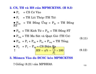 133
2. CS, TH vaø HS cuûa MPMCKTSS. (H 9.3)
 P1 = CS Cô Vaøo
 Pt = TH Loûi Theùp (TH Töø)
 Pñö = TH Ñoàng ÖÙng = Pñr = TH Ñoàng
RT
 Pkt = TH Kích Töø = Pñs = TH Ñoàng ST
 Pmq = TH Ma Saùt vaø Quaït Gioù (TH Cô)
 Pth = Pt + Pñö + Pkt + Pmq = TH Toång.
 P2 = P1 – Pth = CS Ñieän Ra
(9.11)
2
1
% 100
P
HS
P
= = ´ (9.12)
3. Moâmen Vaøo do ÑCSC keùo MPMCKTSS
! Gioáng (8.21) cuûa MPÑB3Þ.
!
 