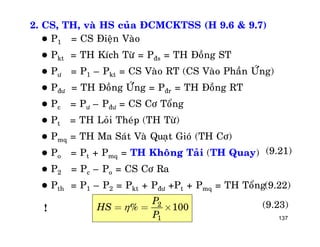 137
2. CS, TH, vaø HS cuûa ÑCMCKTSS (H 9.6 & 9.7)
 P1 = CS Ñieän Vaøo
 Pkt = TH Kích Töø = Pñs = TH Ñoàng ST
 Pö = P1 – Pkt = CS Vaøo RT (CS Vaøo Phaàn ÖÙng)
 Pñö = TH Ñoàng ÖÙng = Pñr = TH Ñoàng RT
 Pc = Pö – Pñö = CS Cô Toång
 Pt = TH Loûi Theùp (TH Töø)
 Pmq = TH Ma Saùt Vaø Quaït Gioù (TH Cô)
 Po = Pt + Pmq = TH Khoâng Taûi (TH Quay)
 P2 = Pc – Po = CS Cô Ra
 Pth = P1 – P2 = Pkt + Pñö +Pt + Pmq = TH Toång
(9.21)
(9.22)
2
1
% 100
P
HS
P
= = ´ (9.23)!
 
