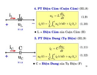 18
4. PT Ñieän Caûm (Cuoän Caûm) (H1.8)
1
( ) ( ) ( )
L
L
t
L L L
t
di
u L
dt
i t u d i t
L 
 
=
= +ò
 L = Ñieän Caûm cuûa Cuoän Caûm (H)
5. PT Ñieän Dung (Tuï Ñieän) (H1.9)
1
( ) ( ) ( )
C
C
t
C C C
t
du
i C
dt
u t i d u t
C 
 
=
= +ò
 C = Ñieän Dung cuûa Tuï Ñieän (F)
(1.9)
(1.10)
(1.11)
(1.12)
H 1.8
H 1.9
 