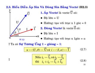22
2.3. Bieåu Dieãn AÙp Sin Vaø Doøng Sin Baèng Vectô (H2.3)
1. AÙp Vectô laø vectô U coù:
 Ñoä lôùn = U
 Höôùng: taïo vôùi truïc x 1 goùc = θ
2. Doøng Vectô laø vectô I coù:
 Ñoä lôùn = I
 Höôùng: taïo vôùi truïc x 1goùc = 
( , ) U ( , ) Iu U vaø i I « « « «
! Ta coù Söï Töông ÖÙng 1 – gioùng – 1:
H 2.3
!
1 1 2 2
1 2 1 2
Neáu I I
thì I I
i vaø i
i i
« «
 «  (2.8)
(2.7)
 