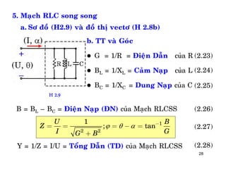 28
5. Maïch RLC song song
b. TT vaø Goùc
 G = 1/R = Ñieän Daãn cuûa R
 BL = 1/XL = Caûm Naïp cuûa L
 BC = 1/XC = Dung Naïp cuûa C
1
2 2
1
; tan
U B
Z
I GG B
   -
= = = - =
+
B = BL – BC = Ñieän Naïp (ÑN) cuûa Maïch RLCSS
Y = 1/Z = I/U = Toång Daãn (TD) cuûa Maïch RLCSS
a. Sô ñoà (H2.9) vaø ñoà thò vectô (H 2.8b)
H 2.9
(2.23)
(2.24)
(2.25)
(2.26)
(2.27)
(2.28)
 