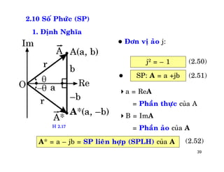 39
2.10 Soá Phöùc (SP)
1. Ñònh Nghóa
 Ñôn vò aûo j:
A* = a – jb = SP lieân hôïp (SPLH) cuûa A
j2 = – 1
a = ReA
= Phaàn thöïc cuûa A
B = ImA
= Phaàn aûo cuûa A
SP: A = a +jb
H 2.17
(2.52)
(2.50)
(2.51)
 