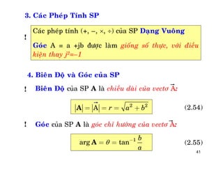 41
3. Caùc Pheùp Tính SP
Caùc pheùp tính (+, –, , ) cuûa SP Daïng Vuoâng
Goùc A = a +jb ñöôïc laøm gioáng soá thöïc, vôùi ñieàu
kieän thay j2=–1
4. Bieân Ñoä vaø Goùc cuûa SP
Bieân Ñoä cuûa SP A laø chieàu daøi cuûa vectô A:
2 2
A r a b= = = +A
1
arg tan
b
a
 -
= =A
(2.54)
!
Goùc cuûa SP A laø goùc chæ höôùng cuûa vectô A:
!
!
(2.55)
 