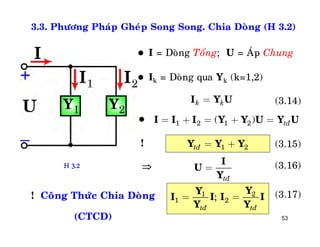 53
3.3. Phöông Phaùp Gheùp Song Song. Chia Doøng (H 3.2)
 I = Doøng Toång; U = AÙp Chung
 Ik = Doøng qua Yk (k=1,2)
k k=I Y U (3.14)
1 2 1 2( ) tñ= + = + =I I I Y Y U Y U
1 2tñ = +Y Y Y (3.15)
tñ
=
I
U
Y
(3.16)
! Coâng Thöùc Chia Doøng
(CTCD)
1 2
1 2;
tñ tñ
= =
YY
I I I I
Y Y
(3.17)
H 3.2

!

 
