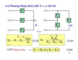 54
3.4 Phöông Phaùp Bieán Ñoåi Y   (H 3.3)

1 2
12 1 2
3
Y
.....

= + +
Z Z
Z Z Z
Z

12 31
1
12 23 31
Y
...

=
+ +
Z Z
Z
Z Z Z(3.18)
! 3TT baèng nhau  Z = 3ZY hay ZY = Z/3 (3.20)
(3.19)
H 3.3
a) b)
 