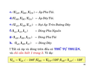 66
c.
d.
e.
f.
g.
h.
! Taát caû aùp vaø doøng treân ñeàu coù THÖÙ TÖÏ THUAÄN,
vaø chæ caàn bieát 1 trong 3. Ví duï:
( , , ) .AN BN CN AÙp Pha Taûi=U U U
( , , ) .AB BC CA AÙp DaâyTaûi=U U U
( , , )aA bB cC Suït AÙp Treân Ñöôøng Daây=U U U
( , , )na nb nc Doøng Pha Nguoàn=I I I
( , , )AN BN CN Doøng Pha Taûi=I I I
( , , )aA bB cC Doøng Daây=I I I
240 ; 120 ; 120ca ab BN CN bB aAU U U U I I  
=  - =  =  -
 