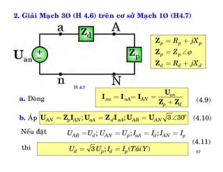 67
2. Giaûi Maïch 3Þ (H 4.6) treân cô sôû Maïch 1Þ (H4.7)
p p p
p p
d d d
R jX
Z
R jX

= +
= 
= +
Z
Z
Z
a. Doøng
an
na aA AN
p d
U
I I I
Z Z
= = =
+ (4.9)
b. AÙp ; ; 3 30AN p AN aA d aA AB ANU Z I U Z I U U 
= = =  (4.10)
Neáu ñaët ; ; ;AB d AN p aA d AN pU U U U I I I I= = = =
thì 3 ; ( )d p d pU U I I TaûiY= =
(4.11)
H 4.7
 
