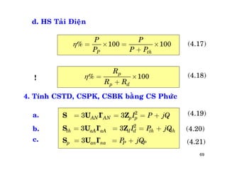 69
d. HS Taûi Ñieän
% 100 100
P th
P P
P P P
 = ´ = ´
+
(4.17)
% 100
p
p d
R
R R
 = ´
+
(4.18)
4. Tính CSTD, CSPK, CSBK baèng CS Phöùc
2
2
3 3
3 3
3
AN AN p p
th aA aA d d th th
p an na P P
I P jQ
I P jQ
P jQ
*
*
*
= = = +
= = = +
= = +
S U I Z
S U I Z
S U I
(4.19)
(4.20)
(4.21)
a.
b.
c.
!
 
