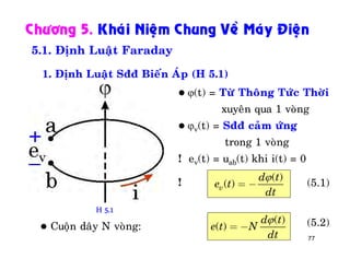 77
Chöông 5. Khaùi Nieäm Chung Veà Maùy Ñieän
5.1. Ñònh Luaät Faraday
1. Ñònh Luaät Sññ Bieán AÙp (H 5.1)
 (t) = Töø Thoâng Töùc Thôøi
xuyeân qua 1 voøng
 v(t) = Sññ caûm öùng
trong 1 voøng
! ev(t) = uab(t) khi i(t) = 0
( )
( )v
d t
e t
dt

= - (5.1)
( )
( )
d t
e t N
dt

= - (5.2) Cuoän daây N voøng:
!
H 5.1
 