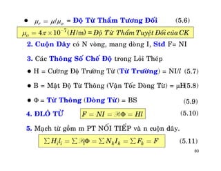 80
7
4 10 (H Ñoä Töø ThaåmTuyeät Ñoái cuûa CK  -
= ´ /m) =
 = Ñoä Töø Thaåm Töông Ñoáir   = / (5.6)
2. Cuoän Daây coù N voøng, mang doøng I, Stñ F= NI
3. Caùc Thoâng Soá Cheá Ñoä trong Loûi Theùp
 H = Cöôøng Ñoä Tröôøng Töø (Töø Tröôøng) = NI/l
 B = Maät Ñoä Töø Thoâng (Vaän Toác Doøng Töø) = H
  = Töø Thoâng (Doøng Töø) = BS
(5.7)
(5.8)
(5.9)
4. ÑLOÂ TÖØ
5. Maïch töø goàm m PT NOÁI TIEÁP vaø n cuoän daây.
F NI Hl= = =R (5.10)
i i i k k kH l N I F Få = å = å = å =R (5.11)
 