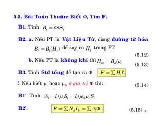 81
5.5. Baøi Toaùn Thuaän: Bieát , Tìm F.
B1. Tính
B2. a. Neáu PT laø Vaät Lieäu Töø, duøng ñöôøng töø hoùa
ñeå suy ra trong PT
b. Neáu PT laø khoâng khí thì
B3. Tính Stñ toång ñeå taïo ra :
! Neáu bieát i hoaëc ri ôû giaù trò  thì:
B1'. Tính
B2'.
iB = i/S
( )i i iB B H= iH
H B  = /
(5.12)
(5.13)
i i i i il S l S  = =R i ri/ /
k k iF N I= å = åR
(5.14)
(5.15)
i iF H l= å
 
