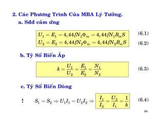84
2. Caùc Phöông Trình Cuûa MBA Lyù Töôûng.
a. Sññ caûm öùng
1 1 1 1
2 2 2 2
4,44 4,44
4,44 4,44
m m
m m
U E fN fN B S
U E fN fN B S


= = =
= = =
b. Tyû Soá Bieán AÙp
1 1 1
2 2 2
U E N
k
U E N
= = =
c. Tyû Soá Bieán Doøng
1 2
1 2 1 1 2 2
2 1
1I U
S S U I U I
I I k
=  =  = = (6.4)!
(6.1)
(6.2)
(6.3)
 
