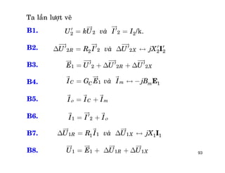 93
B1.
B2.
B3.
B4.
B5.
B6.
B7.
B8.
222 2/k.U kU vaø I I¢ ¢= =

22 22 2 2R XU R I vaø U jX I¢ ¢ ¢ ¢ ¢D = D «
  
1 2 2 2R XE U U U¢ ¢ ¢= + D + D
  
1 1C mC mI G E vaø I jB E= « -
  
C mI I I = +
  
1 2I I I¢= +
 
11 11 1 1R XU R I vaø U jX ID = D «
  
11 1 1R XU E U U= + D + D
   
Ta laàn löôït veõ
 