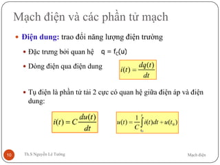 Mạch điệnTh.S Nguyễn Lê Tường10
Mạch điện và các phần tử mạch
 Điện dung: trao đổi năng lượng điện trường
 Đặc trưng bởi quan hệ
 Dòng điện qua điện dung
 Tụ điện là phần tử tải 2 cực có quan hệ giữa điện áp và điện
dung:
 