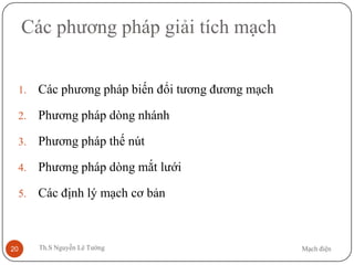 Mạch điệnTh.S Nguyễn Lê Tường20
Các phương pháp giải tích mạch
1. Các phương pháp biến đổi tương đương mạch
2. Phương pháp dòng nhánh
3. Phương pháp thế nút
4. Phương pháp dòng mắt lưới
5. Các định lý mạch cơ bản
 