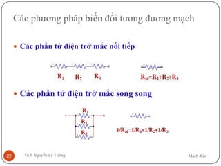Mạch điệnTh.S Nguyễn Lê Tường22
Các phương pháp biến đổi tương đương mạch
 Các phần tử điện trở mắc nối tiếp
 Các phần tử điện trở mắc song song
 