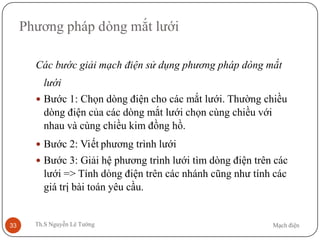 Mạch điệnTh.S Nguyễn Lê Tường33
Phương pháp dòng mắt lưới
Các bước giải mạch điện sử dụng phương pháp dòng mắt
lưới
 Bước 1: Chọn dòng điện cho các mắt lưới. Thường chiều
dòng điện của các dòng mắt lưới chọn cùng chiều với
nhau và cùng chiều kim đồng hồ.
 Bước 2: Viết phương trình lưới
 Bước 3: Giải hệ phương trình lưới tìm dòng điện trên các
lưới => Tính dòng điện trên các nhánh cũng như tính các
giá trị bài toán yêu cầu.
 