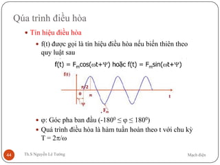Mạch điệnTh.S Nguyễn Lê Tường44
Qúa trình điều hòa
 Tín hiệu điều hòa
 f(t) được gọi là tín hiệu điều hòa nếu biến thiên theo
quy luật sau
 ϕ: Góc pha ban đầu (-1800 ≤ ϕ ≤ 1800)
 Quá trình điều hòa là hàm tuần hoàn theo t với chu kỳ
T = 2π/ω
 