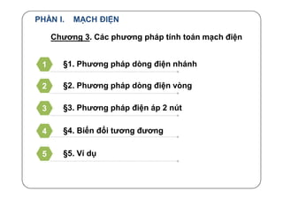 PHẦN I. MẠCH ĐIỆN
§1. Phương pháp dòng điện nhánh1
§2. Phương pháp dòng điện vòng2
§3. Phương pháp điện áp 2 nút3
§4. Biến đổi tương đương4
Chương 3. Các phương pháp tính toán mạch điện
§5. Ví dụ5
 