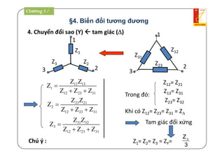 4. Chuyển đổi sao (Y)  tam giác ()
12 13
1
12 23 31
Z Z
Z
Z Z Z

 
Z1
Z2Z3
1
3 2
1
3
2
Z12
Z23
Z31
Trong đó:
23 21
2
12 23 31
Z Z
Z
Z Z Z

 
31 32
3
12 23 31
Z Z
Z
Z Z Z

 
Z12= Z21
Z13= Z31
Z23= Z32
Khi có Z12= Z23= Z31 = Z
Tam giác đối xứng
Z1= Z2= Z3 = ZY=
Z
3

Chú ý :
Chương 3 /
§4. Biến đổi tương đương
 