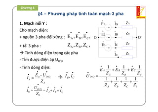 §4 – Phương pháp tính toán mạch 3 pha
1. Mạch nối Y :
Cho mạch điện:
+ nguồn 3 pha đối xứng : A B CE ,E ,E ,
  
+ tải 3 pha : A B CZ , Z , Z ,
 Tính dòng điện trong các pha
'A O O
A
A
E U
I
Z
 
 

- Tìm được điện áp UO’O
- Tính dòng điện:
 ,B CI I
 
'
0
0
O O
A B C
U
I I I I
Z

   
   
'
0
1 1 1
1 1 1 1
A B C
A B C
O O
A B C
E E E
Z Z Z
U
Z Z Z Z
  

 

  
ZA
o
E1
o
IA
ZB
o
E2
o
IB
ZC
o
E3
o
IC
O'O
Z0
o
Io
Chương 4
 