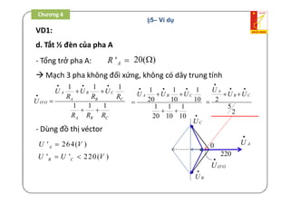 Chương 4 /
VD1:
d. Tắt ½ đèn của pha A
- Tổng trở pha A: 'AR  20( )
 Mạch 3 pha không đối xứng, không có dây trung tính
'
1 1 1
1 1 1
A B C
A B C
O O
A B C
U U U
R R R
U
R R R
  

 

 
1 1 1
20 10 10
1 1 1
20 10 10
A B CU U U
  
 

 
2
5
2
A
B C
U
U U

 
 

- Dùng đồ thị véctor
'O OU

' 264( )AU V
' ' 220( )B CU U V  220
0 AU

CU

BU

Chương 4
§5– Ví dụ
 