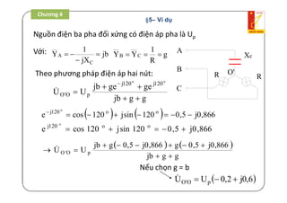 Chương 4 /Chương 4
jb
jX
1
Y
C
A 

 g
R
1
YY CB 
ggjb
gegejb
UU
oo
120j120j
pO'O





    866,0j5,0120sinj120cose oo120j o

866,0j5,0120sinj120cose oo120j o

   
ggjb
866,0j5,0g866,0j5,0gjb
UU pO'O


 
 6,0j2,0UU pO'O 
Nếu chọn g = b
Nguồn điện ba pha đối xứng có điện áp pha là Up
Theo phương pháp điện áp hai nút:
Với:
R R
Xc
C
B
A
O'
§5– Ví dụ
 