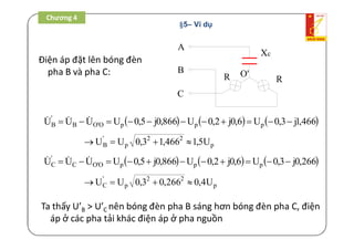 Chương 4 /Chương 4
     466,1j3,0U6,0j2,0U866,0j5,0UUUU pppO'OB
'
B  
p
22
p
'
B U5,1466,13,0UU 
     266,0j3,0U6,0j2,0U866,0j5,0UUUU pppO'OC
'
C  
p
22
p
'
C U4,0266,03,0UU 
Điện áp đặt lên bóng đèn
pha B và pha C:
Ta thấy U’B > U’C nên bóng đèn pha B sáng hơn bóng đèn pha C, điện
áp ở các pha tải khác điện áp ở pha nguồn
R R
Xc
C
B
A
O'
§5– Ví dụ
 
