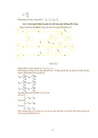 Dòng điện trên dây trung tính I0:
4.6.2. Giải mạch điện ba pha tải nổi tam giác không đối xứng
Mạch ba pha tải không đối xứng nối hình tam giác như hình 4.6.2I&
Hình 4.6.2
Nguồn điện có điện áp dây là UAB, UBC, UCA
Nếu không xét tổng trở các dây dẫn pha (Zd =0) điện áp đặt lên các pha tải là điện áp dây
nguồn. Dòng điện trên các pha tải:
Áp dụng định luật Kiếchốp 1 tại các nút
Tại nút A:
Tại nút B:
Tại nút C:
Nếu trường hợp có xét tổng trở Zd của các dây dẫn pha ta nên biến đổi tương đương tải
nối tam giác thành hình sao
ABI&
AA
A
ZCA ZABUd
CAI&
CI&
ZBC
C
B
C BCI&
BI&
B
31
 