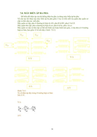 7.8. MÁY BIẾN ÁP BA PHA
Để biến đổi điện áp của hệ thống điện ba pha, ta dùng máy biến áp ba pha.
Về cấu tạo lõi thép của máy biến áp ba pha gồm 3 trụ và trên mỗi trụ quấn dây quấn sơ
cấp và thứ cấp của mỗi pha
Dây quấn sơ cấp: pha A thường kí hiệu là AX, pha B là BY, pha C là CZ.
Dây quấn thứ cấp: pha a thường kí hiệu là ax, pha b là by, pha c là cz.
Dây quấn sơ cấp và thứ cấp có thể nối hình sao hoặc hình tam giác, ví dụ như có 4 trường
hợp cơ bản, bao gồm 12 tổ nối dây ( hình 7.8.1)
Hình 7.8.1
Up1
Ud2
Υ/Υ
Υ/∆
∆/∆
∆/Υ
Up2
Ud1
Tỷ số điện áp dây trong 4 trường hợp cơ bản:
Nối Y/Y:
Υ/∆:
∆/Υ:
54
 