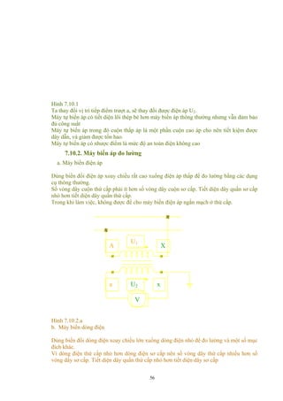 Hình 7.10.1
Ta thay đổi vị trí tiếp điểm trượt a, sẽ thay đổi được điện áp U2.
Máy tự biến áp có tiết diện lõi thép bé hơn máy biến áp thông thường nhưng vẫn đảm bảo
đủ công suất
Máy tự biến áp trong đó cuộn thấp áp là một phần cuộn cao áp cho nên tiết kiệm được
dây dẫn, và giảm được tổn hao.
Máy tự biến áp có nhược điểm là mức độ an toàn điện không cao
7.10.2. Máy biến áp đo lường
a. Máy biến điện áp
Dùng biến đổi điện áp xoay chiều rất cao xuống điện áp thấp để đo lường bằng các dụng
cụ thông thường.
Số vòng dây cuộn thứ cấp phải ít hơn số vòng dây cuộn sơ cấp. Tiết diện dây quấn sơ cấp
nhỏ hơn tiết diện dây quấn thứ cấp.
Trong khi làm việc, không được để cho máy biến điện áp ngắn mạch ở thứ cấp.
V
U1
A X
xU2a
Hình 7.10.2.a
b. Máy biến dòng điện
Dùng biến đổi dòng điện xoay chiều lớn xuống dòng điện nhỏ để đo lường và một số mục
đích khác.
Vì dòng điện thứ cấp nhỏ hơn dòng điện sơ cấp nên số vòng dây thứ cấp nhiều hơn số
vòng dây sơ cấp. Tiết diện dây quấn thứ cấp nhỏ hơn tiềt diện dây sơ cấp
56
 