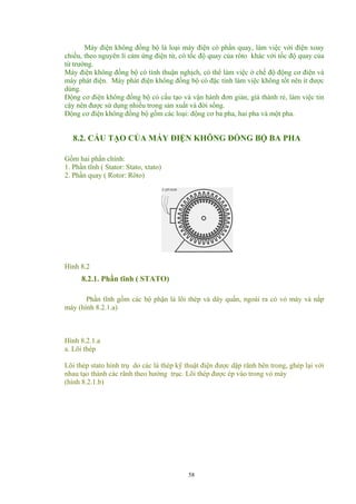 Máy điện không đồng bộ là loại máy điện có phần quay, làm việc với điện xoay
chiều, theo nguyên lí cảm ứng điện từ, có tốc độ quay của rôto khác với tốc độ quay của
từ trường.
Máy điện không đồng bộ có tính thuận nghịch, có thể làm việc ở chế độ động cơ điện và
máy phát điện. Máy phát điện không đồng bộ có đặc tính làm việc không tốt nên ít được
dùng.
Động cơ điện không đồng bộ có cấu tạo và vận hành đơn giản, gíá thành rẻ, làm việc tin
cậy nên được sử dụng nhiều trong sản xuất và đời sống.
Động cơ điện không đồng bộ gồm các loại: động cơ ba pha, hai pha và một pha.
8.2. CẤU TẠO CỦA MÁY ĐIỆN KHÔNG ĐỒNG BỘ BA PHA
Gồm hai phần chính:
1. Phần tĩnh ( Stator: Stato, xtato)
2. Phần quay ( Rotor: Rôto)
Hình 8.2
8.2.1. Phần tĩnh ( STATO)
Phần tĩnh gồm các bộ phận là lõi thép và dây quấn, ngoài ra có vỏ máy và nắp
máy (hình 8.2.1.a)
Hình 8.2.1.a
a. Lõi thép
Lõi thép stato hình trụ do các lá thép kỹ thuật điện được dập rãnh bên trong, ghép lại với
nhau tạo thành các rãnh theo hướng trục. Lõi thép được ép vào trong vỏ máy
(hình 8.2.1.b)
58
 