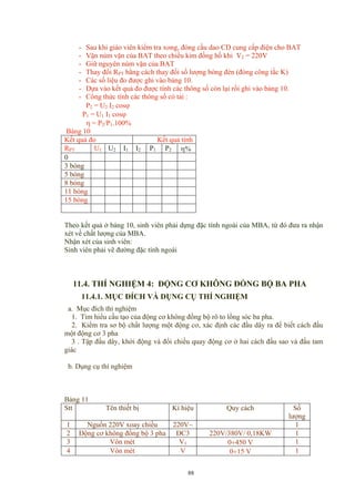 - Sau khi giáo viên kiểm tra xong, đóng cầu dao CD cung cấp điện cho BAT
- Vặn núm vặn của BAT theo chiều kim đồng hồ khi V2 = 220V
- Giữ nguyên núm vặn của BAT
- Thay đổi RPT bằng cách thay đổi số lượng bóng đèn (đóng công tắc K)
- Các số liệu đo được ghi vào bảng 10.
- Dựa vào kết quả đo được tính các thông số còn lại rồi ghi vào bảng 10.
- Công thức tính các thông số có tải :
P2 = U2 I2 cosϕ
P1 = U1 I1 cosϕ
η = P2/P1.100%
Bảng 10
Kết quả đo Kết quả tính
RPT U1 U2 I1 I2 P1 P2 η%
0
3 bóng
5 bóng
8 bóng
11 bóng
15 bóng
Theo kết quả ở bảng 10, sinh viên phải dựng đặc tính ngoài của MBA, từ đó đưa ra nhận
xét về chất lượng của MBA.
Nhận xét của sinh viên:
Sinh viên phải vẽ đường đặc tính ngoài
11.4. THÍ NGHIỆM 4: ĐỘNG CƠ KHÔNG ĐỒNG BỘ BA PHA
11.4.1. MỤC ĐÍCH VÀ DỤNG CỤ THÍ NGHIỆM
a. Mục đích thí nghiệm
1. Tìm hiểu cấu tạo của động cơ không đồng bộ rô to lồng sóc ba pha.
2. Kiểm tra sơ bộ chất lượng một động cơ, xác định các đầu dây ra để biết cách đấu
một động cơ 3 pha
3 . Tập đấu dây, khởi động và đổi chiều quay động cơ ở hai cách đấu sao và đấu tam
giác
b. Dụng cụ thí nghiệm
Bảng 11
Stt Tên thiết bị Kí hiệu Quy cách Số
lượng
1 Nguồn 220V xoay chiều 220V~ 1
2 Động cơ không đồng bộ 3 pha ĐC3 220V/380V/ 0,18KW 1
3 Vôn mét V1 0÷450 V 1
4 Vôn mét V 0÷15 V 1
88
 