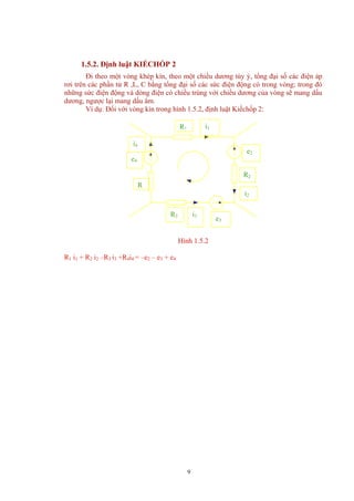 1.5.2. Định luật KIẾCHỐP 2
Đi theo một vòng khép kín, theo một chiều dương tùy ý, tổng đại số các điện áp
rơi trên các phần tử R ,L, C bằng tổng đại số các sức điện động có trong vòng; trong đó
những sức điện động và dòng điện có chiều trùng với chiều dương của vòng sẽ mang dấu
dương, ngược lại mang dấu âm.
Ví dụ: Đối với vòng kín trong hình 1.5.2, định luật Kiếchốp 2:
R
i4
e4
i3R3
e3
e2
i2
R2
i1R1
Hình 1.5.2
R1 i1 + R2 i2 –R3 i3 +R4i4 = –e2 – e3 + e4
9
 