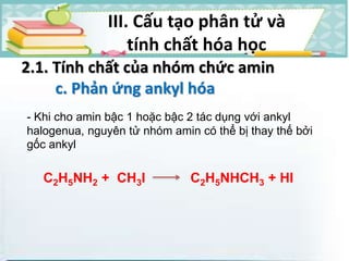 2.1. Tính chất của nhóm chức amin
c. Phản ứng ankyl hóa
- Khi cho amin bậc 1 hoặc bậc 2 tác dụng với ankyl
halogenua, nguyên tử nhóm amin có thể bị thay thế bởi
gốc ankyl
C2H5NH2 + CH3I C2H5NHCH3 + HI
III. Cấu tạo phân tử và
tính chất hóa học
 
