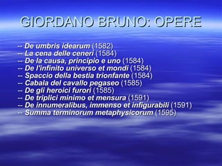 GIORDANO BRUNO: OPERE --  De umbris idearum  (1582)  --  La cena delle ceneri  (1584)  --  De la causa, principio e uno  (1584)  --  De l'infinito universo et mondi  (1584)  --  Spaccio della bestia trionfante  (1584)  --  Cabala del cavallo pegaseo  (1585)  --  De gli heroici furori  (1585)  --  De triplici minimo et mensura  (1591)  --  De innumeralibus, immenso et infigurabili  (1591)  --  Summa terminorum metaphysicorum  (1595)  